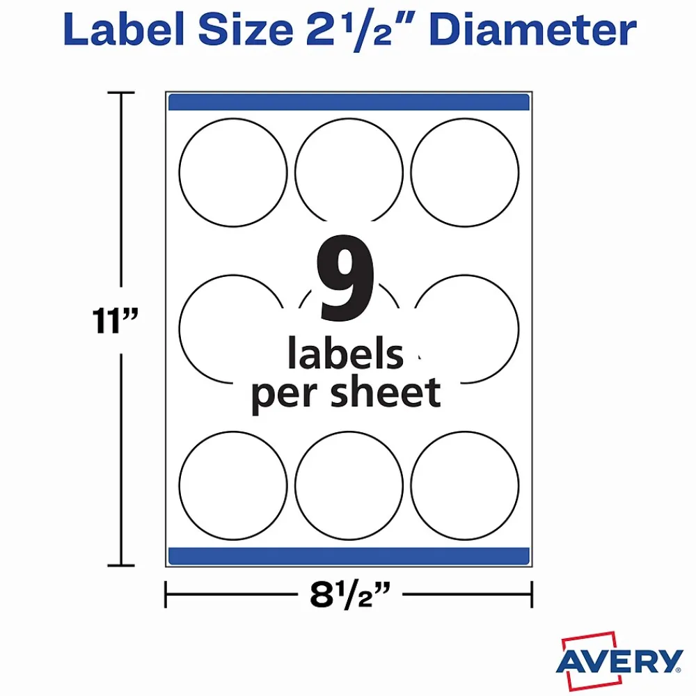 Outlet Avery Print-to-the-Edge Laser/Inkjet Round Labels, 2 1/2" Dia, White, 225 Labels/Pack (22562)
