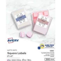 Outlet Avery Print-to-the-Edge Laser/Inkjet Square Labels, 2" x 2", White, 300 Labels/Pack (22806)