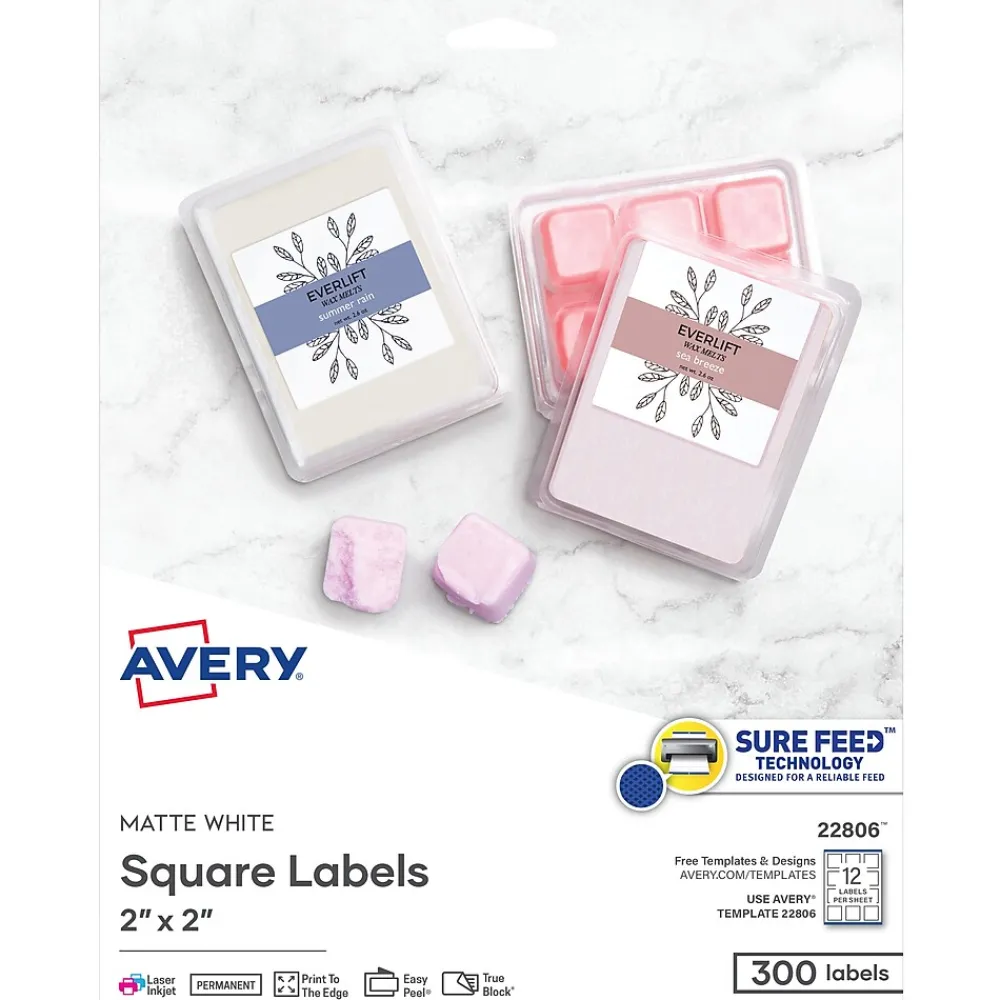 Outlet Avery Print-to-the-Edge Laser/Inkjet Square Labels, 2" x 2", White, 300 Labels/Pack (22806)