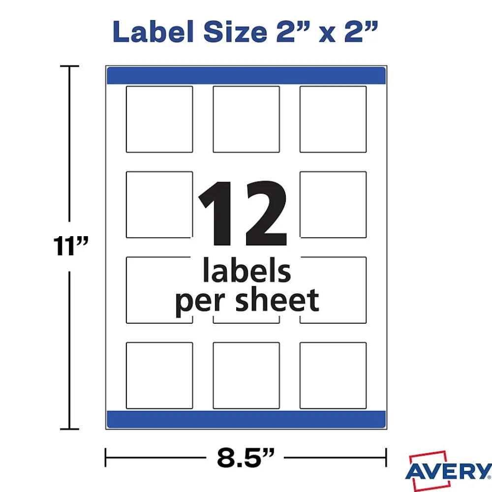 Outlet Avery Print-to-the-Edge Laser/Inkjet Square Labels, 2" x 2", White, 300 Labels/Pack (22806)