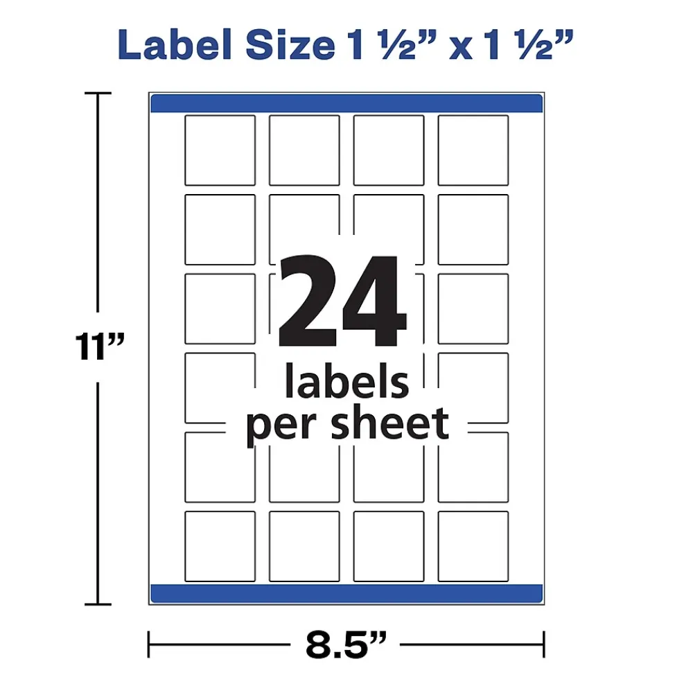 Clearance Avery Print-to-the-Edge Laser/Inkjet Square Labels, 1 1/2" x 1 1/2", White, 600 Labels/Pack (22805)