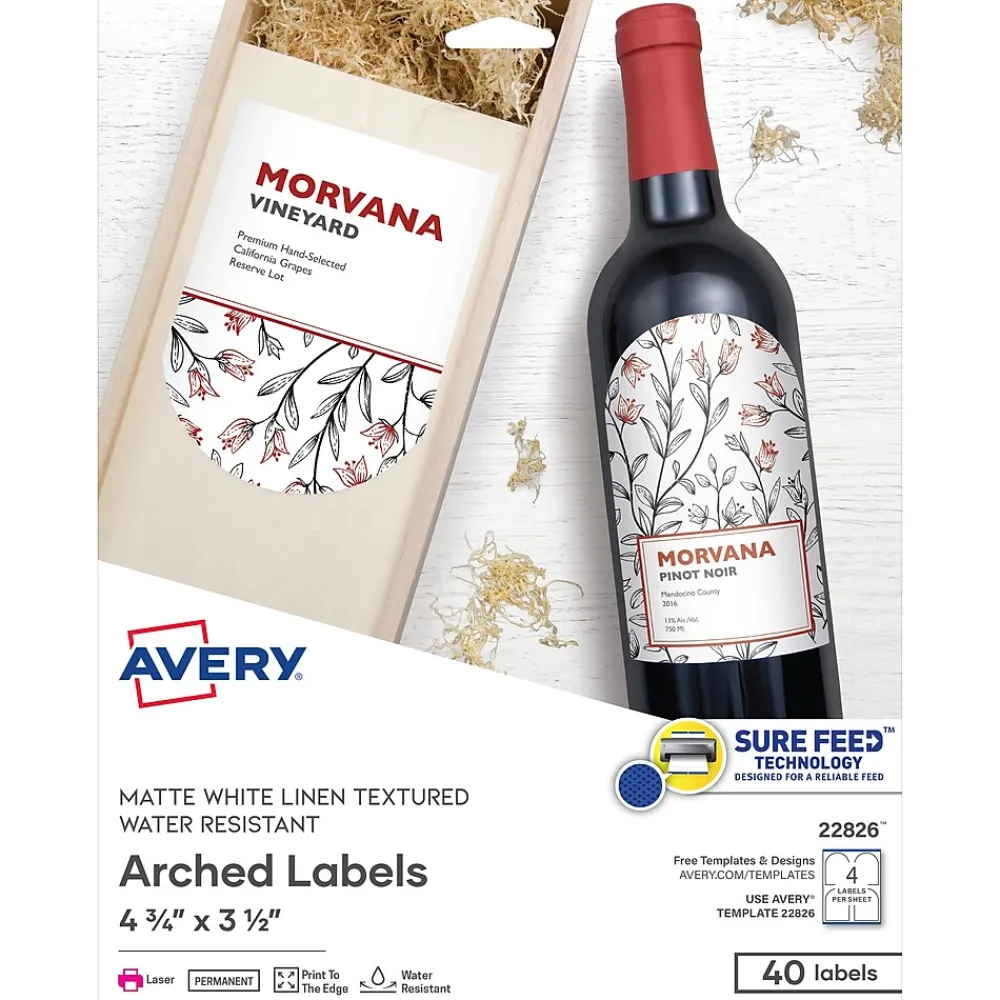 Labels|Avery Print-to-the-Edge Laser Arched Labels, 3-1/2" x 4-3/4", Textured White, 40 Labels/Pack (22826)