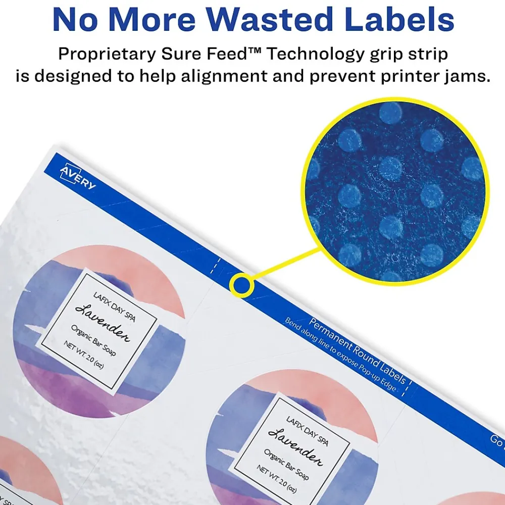 Sale Avery Print-to-the-Edge Laser/Inkjet Round Labels, 2 1/2" Dia, Glossy White, 90 Labels/Pack (22830)