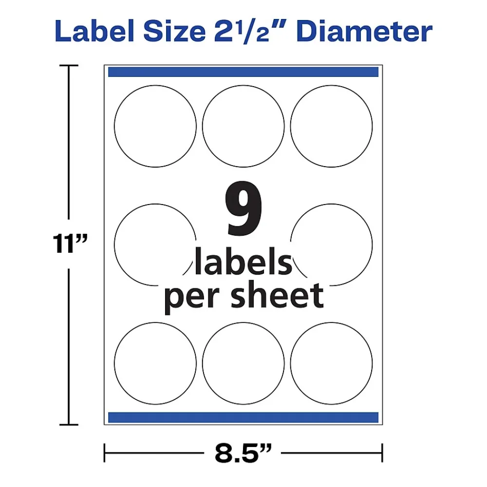Sale Avery Print-to-the-Edge Laser/Inkjet Round Labels, 2 1/2" Dia, Glossy White, 90 Labels/Pack (22830)