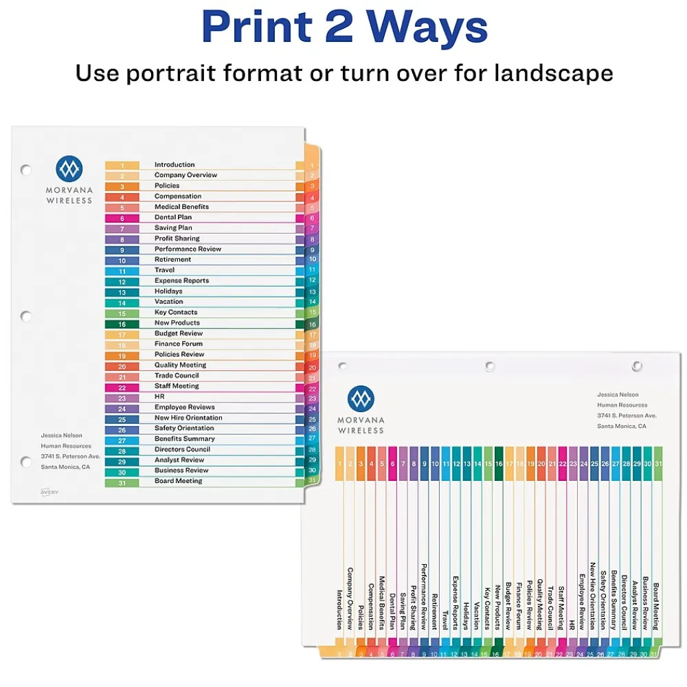 Dividers|Avery Ready Index Table of Contents Paper Dividers, 1-31 Tabs, Multicolor, 6 Sets/Pack (11831)