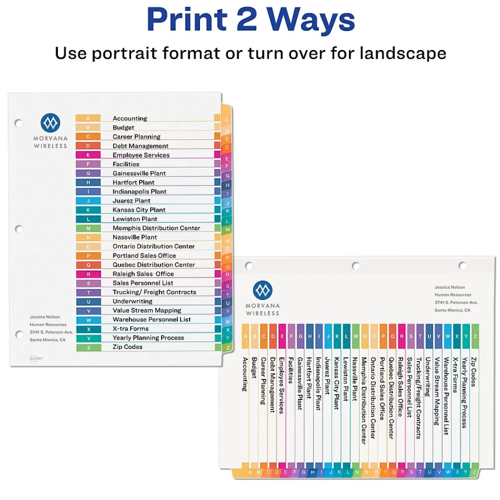 Dividers|Avery Ready Index Table of Contents Pre-Printed Paper Divider, A-Z Tabs , Multicolor, 6 Sets (11832)