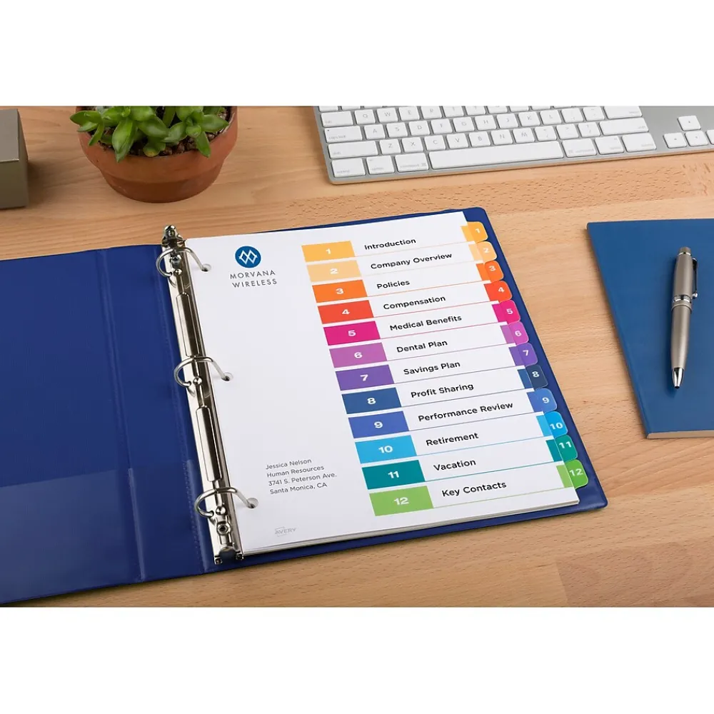 Dividers|Avery Ready Index Table of Contents Pre-Printed Numeric Paper Divider, 12 Tabs, Multicolor, 1 Set (11141)