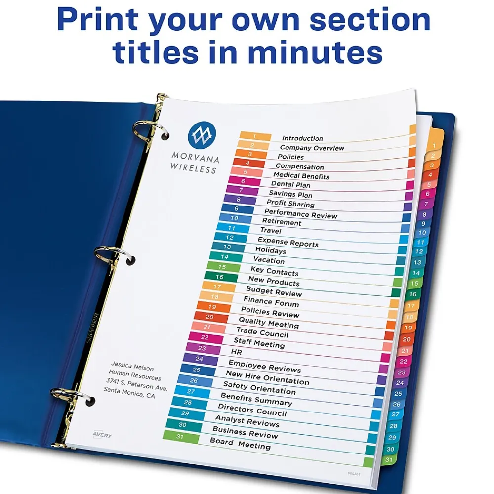 Dividers|Avery Ready Index Table of Contents Pre-Printed Numeric Paper Divider, 31 Tabs, Multicolor, 1 Set (11129)