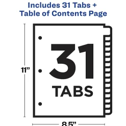 Dividers|Avery Ready Index Table of Contents Pre-Printed Numeric Paper Divider, 31 Tabs, Multicolor, 1 Set (11129)