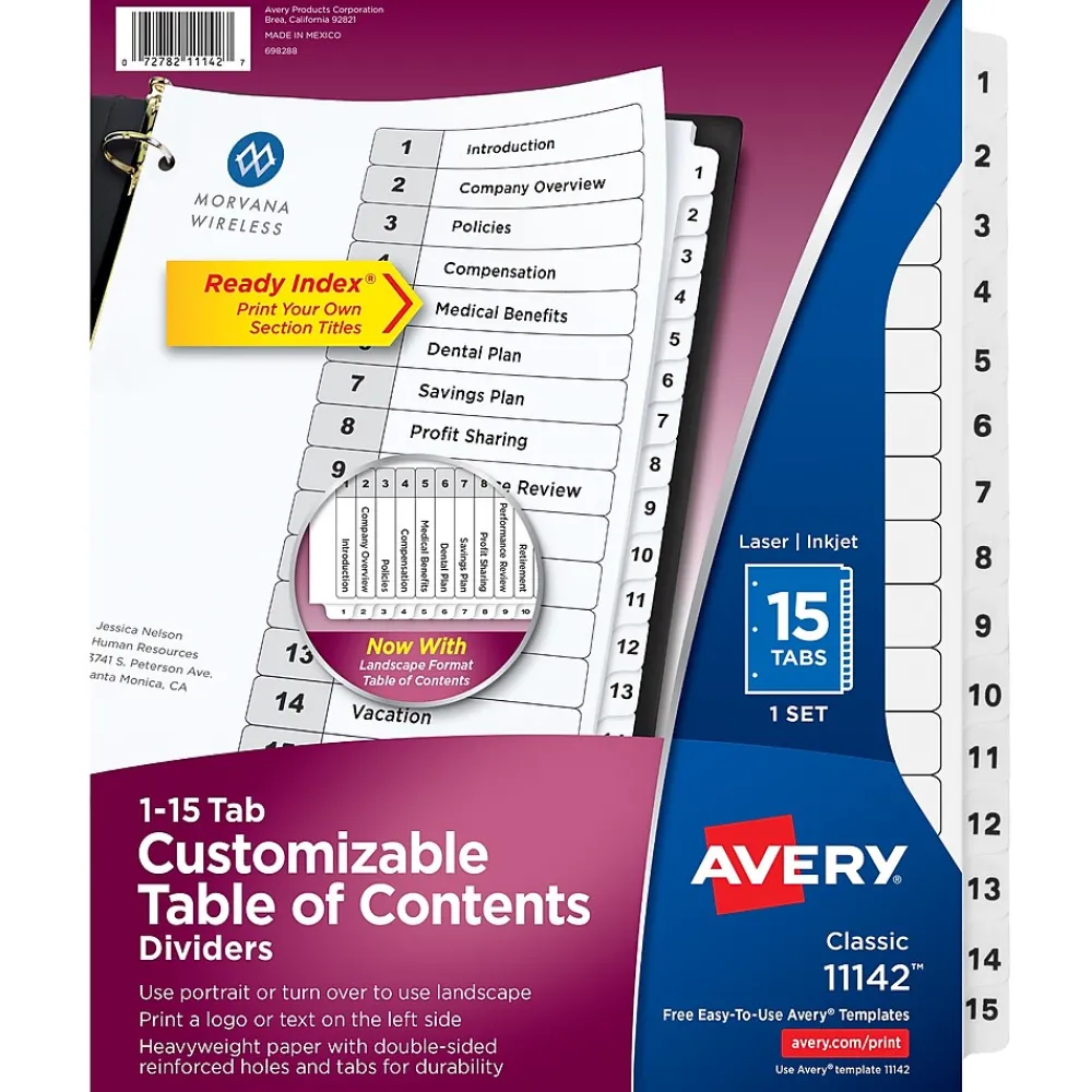 Dividers|Avery Ready Index Table of Contents Paper Dividers, 1-15 Tabs, White (11142)