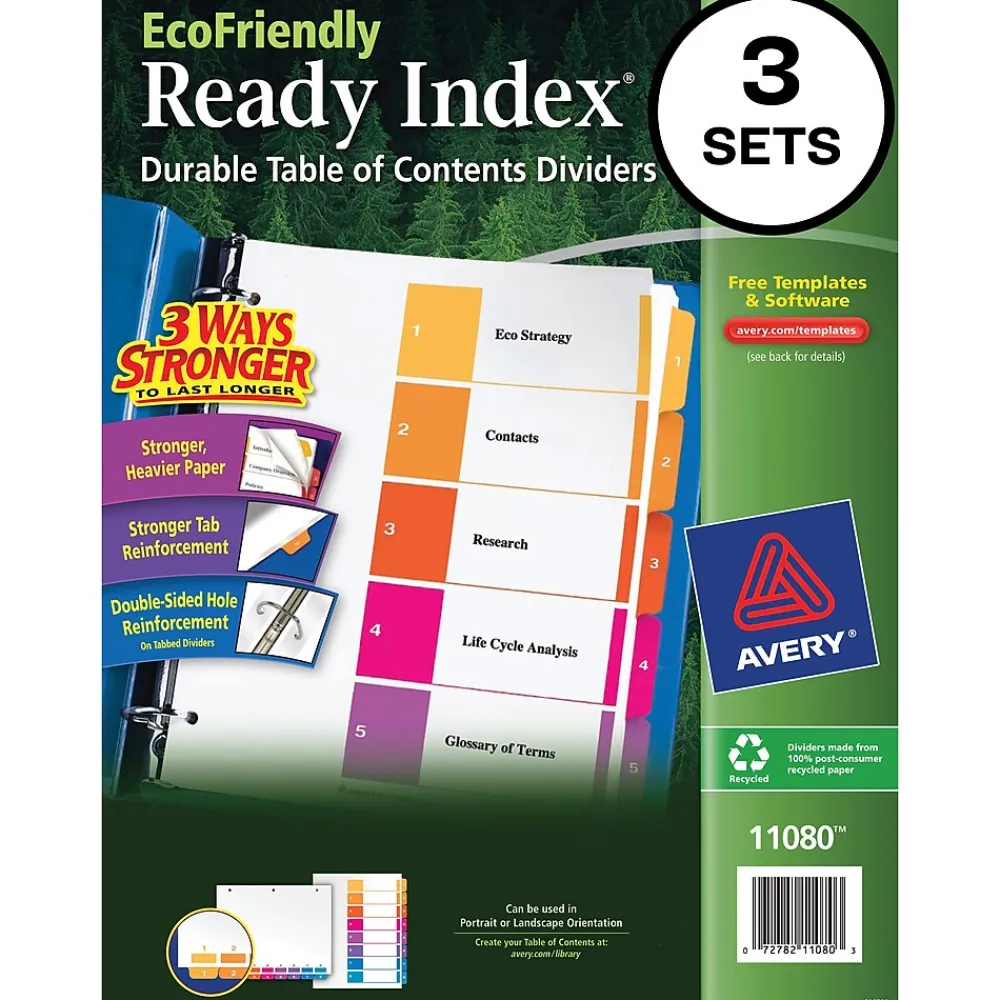 Dividers|Avery Ready Index Table of Contents EcoFriendly Paper Dividers, 1-5 Tabs, Multicolor, 3 Sets/Pack (11080)