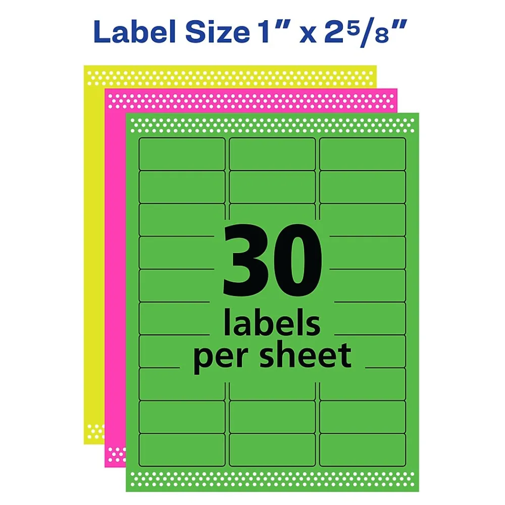 Discount Avery Sure Feed Laser Address Labels, 1 x 2 5/8", Assorted Neon Colors, 450 Labels/Pack (5979)
