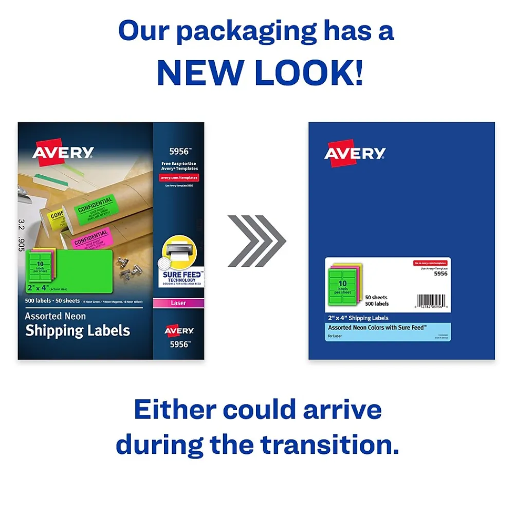 Labels|Avery Sure Feed Laser Shipping Labels, 2"x 4", Assorted Neon, 500 Labels/Box (5956)