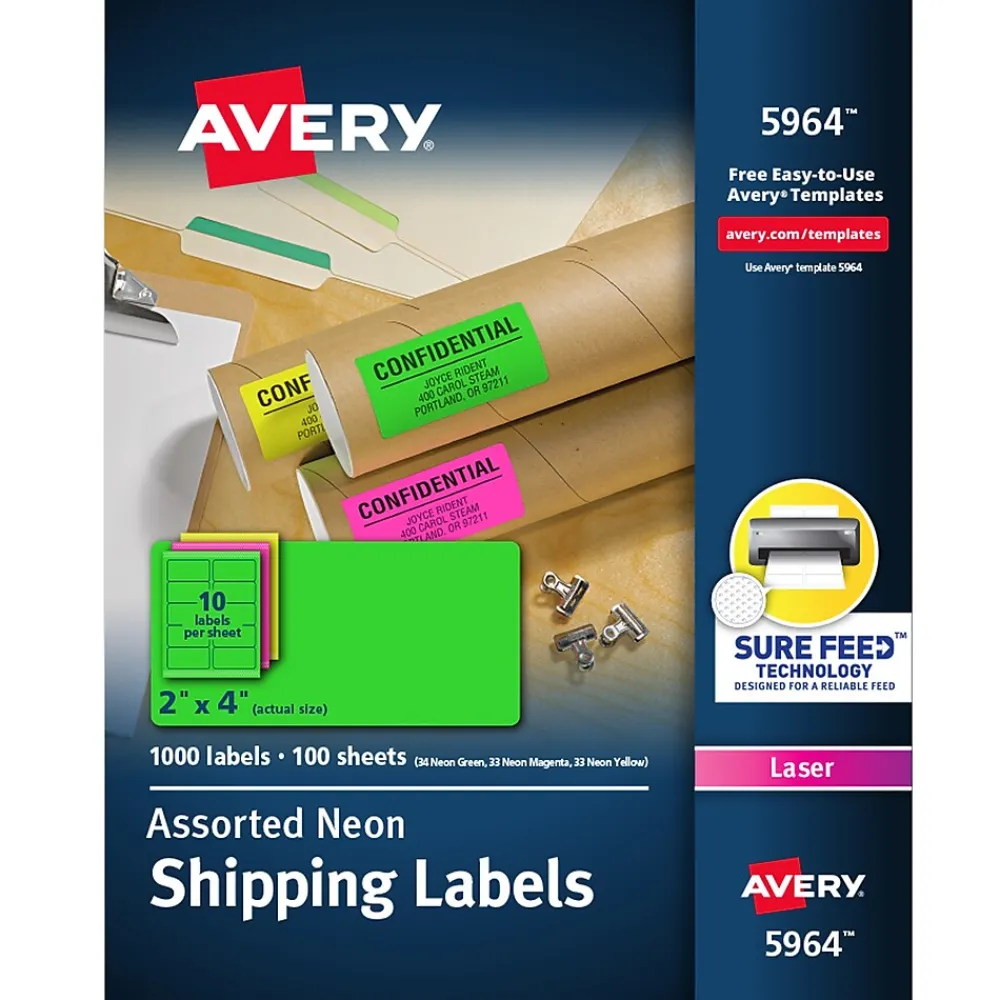 New Avery Sure Feed Laser Shipping Labels, 2"x 4", Neon Assorted, 1,000 Labels/Box (5964)