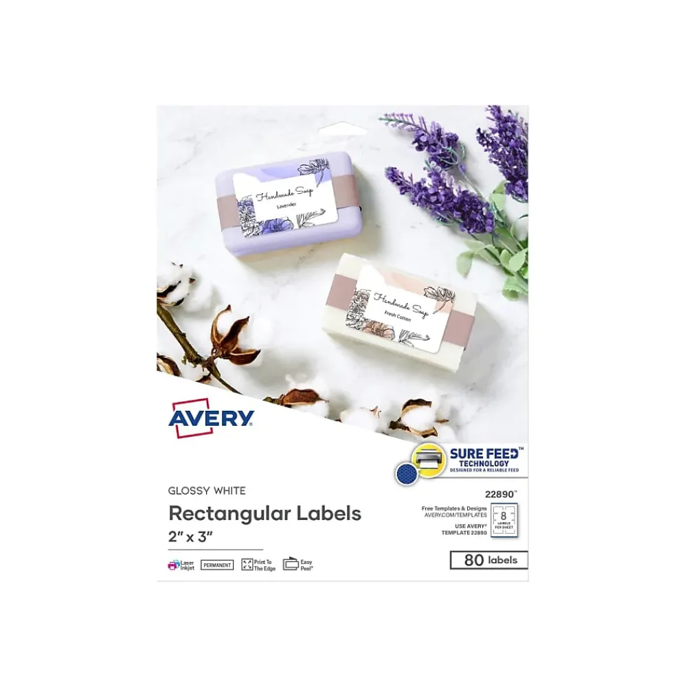 Labels|Avery Sure Feed Laser/Inkjet Rectangle Labels, 2" x 3", Glossy White, 80 Labels/Pack (22890)