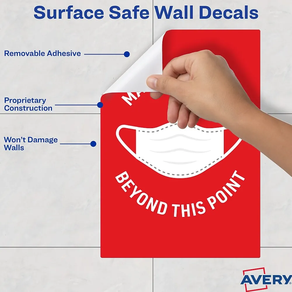 Avery Surface Safe "Mask Required Beyond This Point" Preprinted Wall Decals, 7" x 10", Red/White, 5 Pack (83177)
