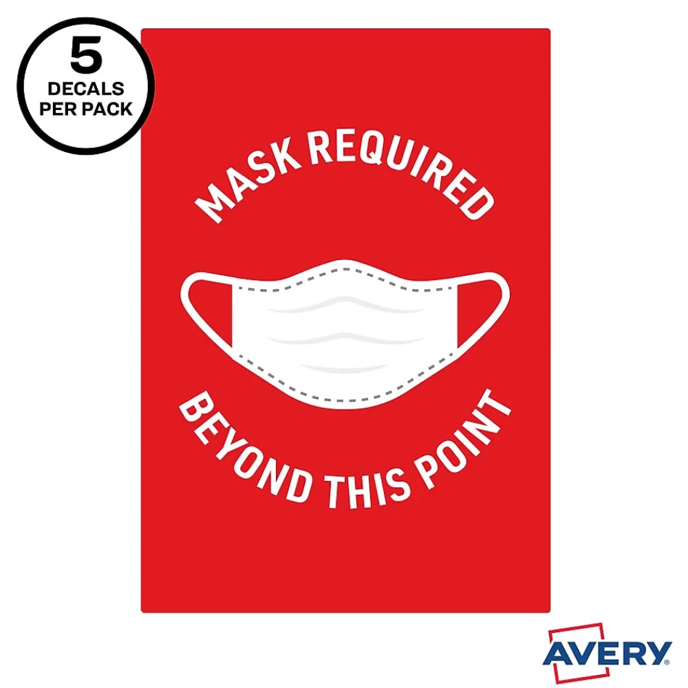 Avery Surface Safe "Mask Required Beyond This Point" Preprinted Wall Decals, 7" x 10", Red/White, 5 Pack (83177)