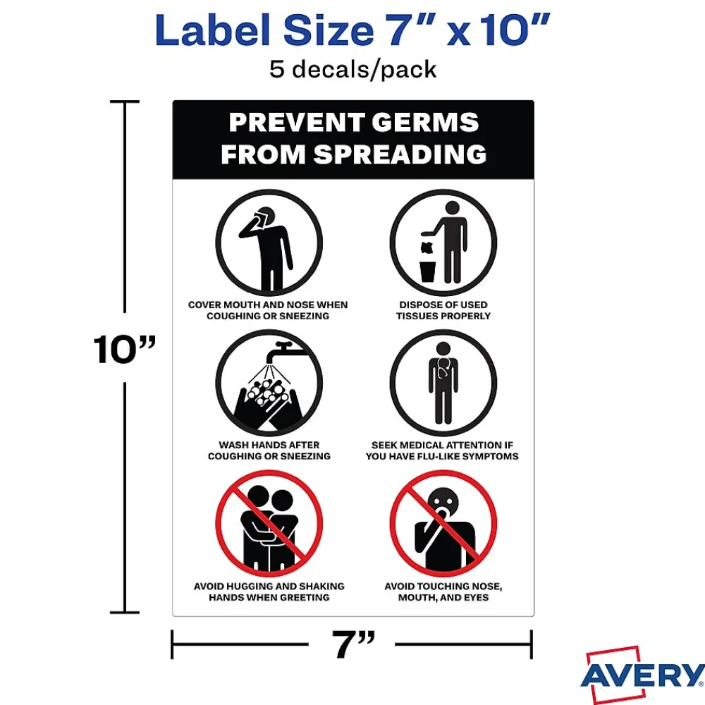 Avery Surface Safe "Prevent Germs from Spreading" Preprinted Wall Decals, 7" x 10", White/Black, 5/Pack (83174)