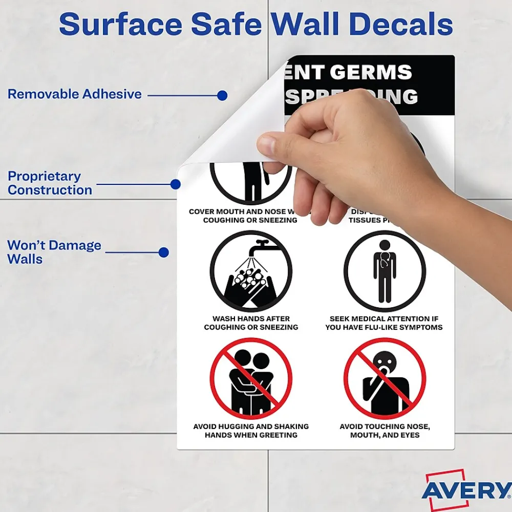 Avery Surface Safe "Prevent Germs from Spreading" Preprinted Wall Decals, 7" x 10", White/Black, 5/Pack (83174)