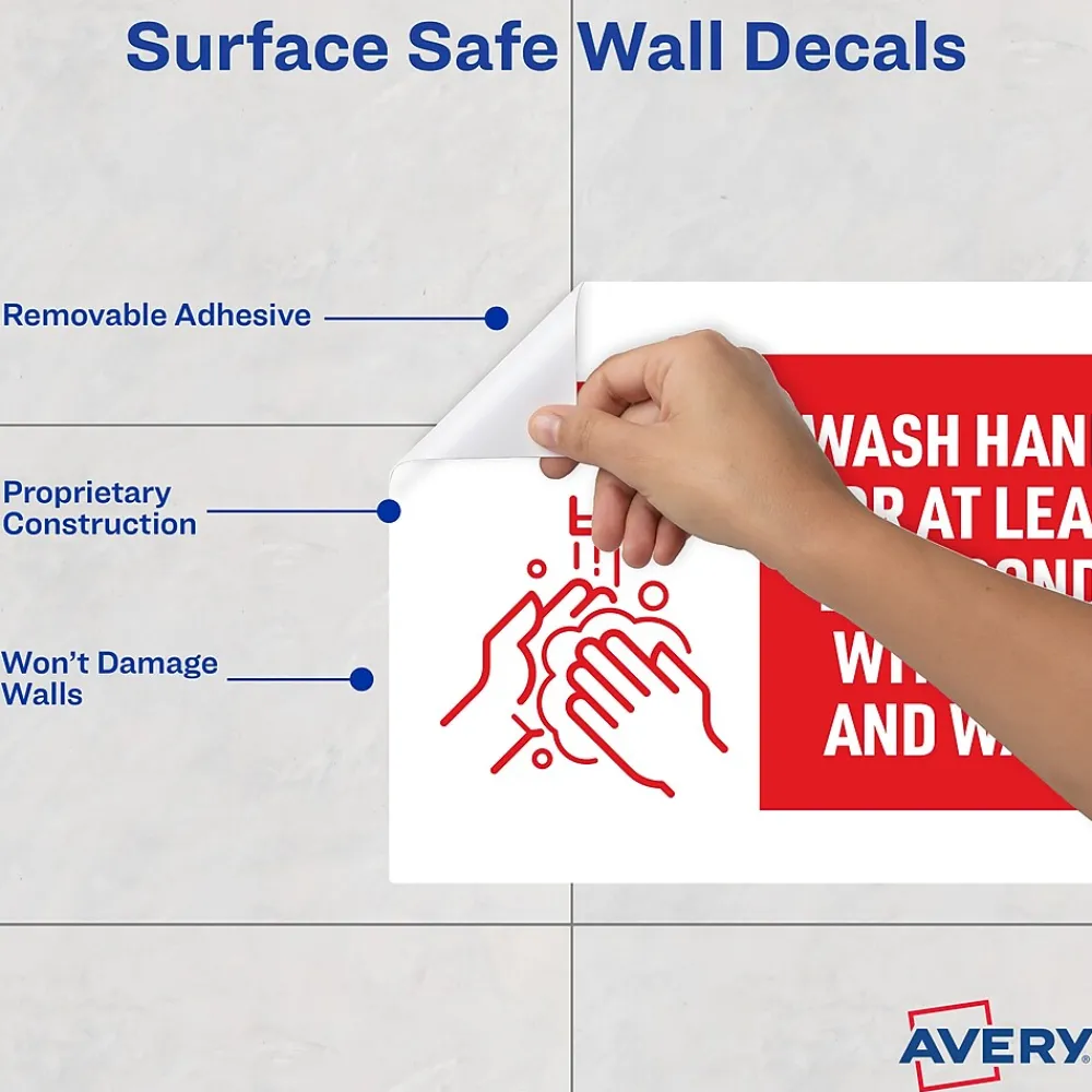 Avery Surface Safe "Wash Hands" Preprinted Wall Decals, 7" x 10", White/Red, 5/Pack (83175)