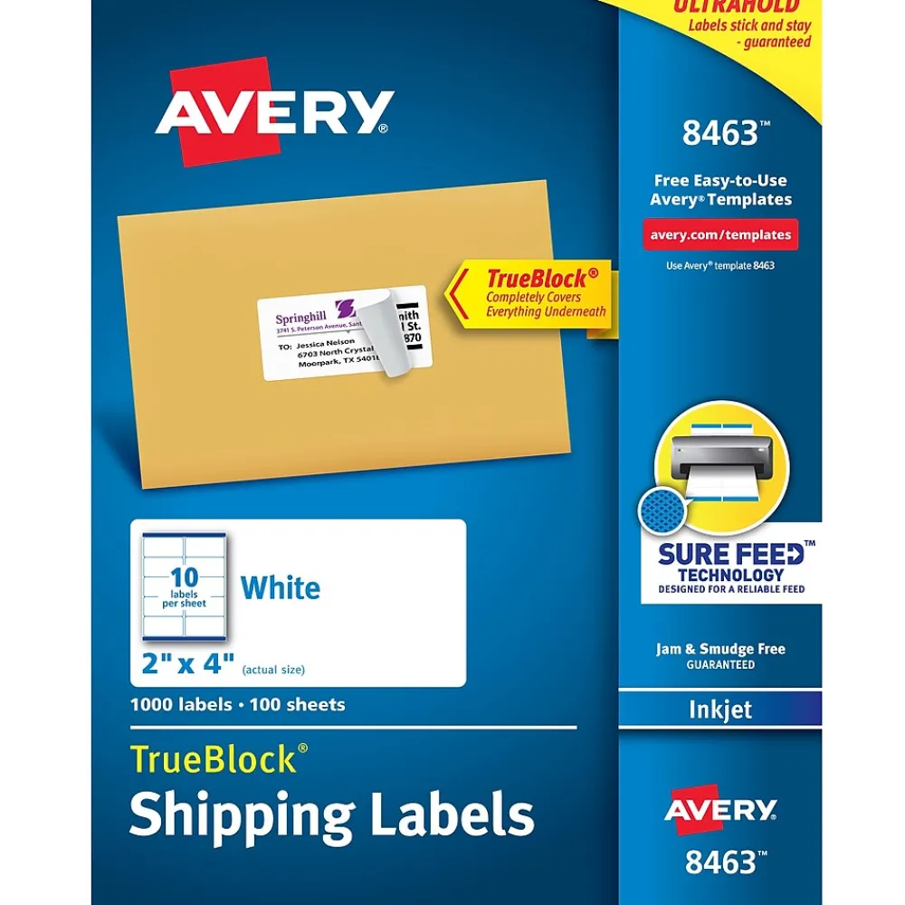 Hot Avery TrueBlock Inkjet Shipping Labels, 2" x 4", White, 1,000 Labels/Box (8463)
