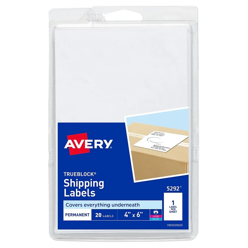 Clearance Avery TrueBlock Laser/Inkjet Shipping Labels, 4" x 6", White, 20 Labels/Pack (5292)