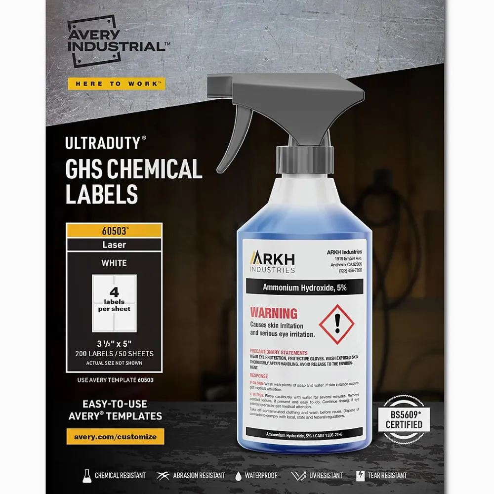Clearance Avery UltraDuty Waterproof Laser GHS Chemical Labels, 3 1/2" x 5", White, 200 Labels/Box (60503 )