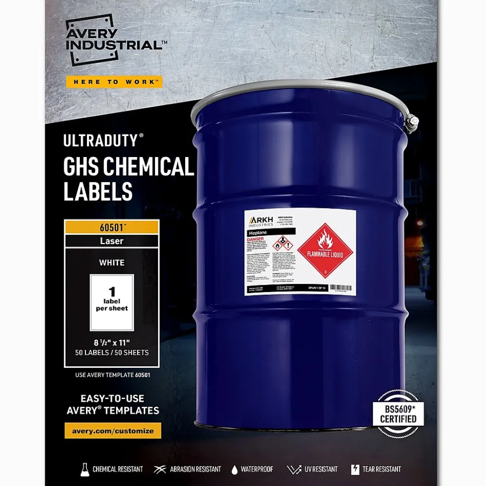 Best Avery UltraDuty Waterproof Laser GHS Chemical Labels, 8-1/2" x 11", 50 Labels/Box (60501)