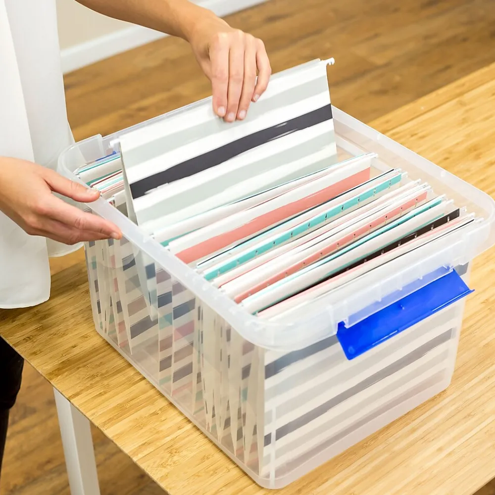File Storage|Bankers Box® Bankers Box Heavy Duty Locking File Totes, Letter/Legal Size, Blue/Clear (0086201)
