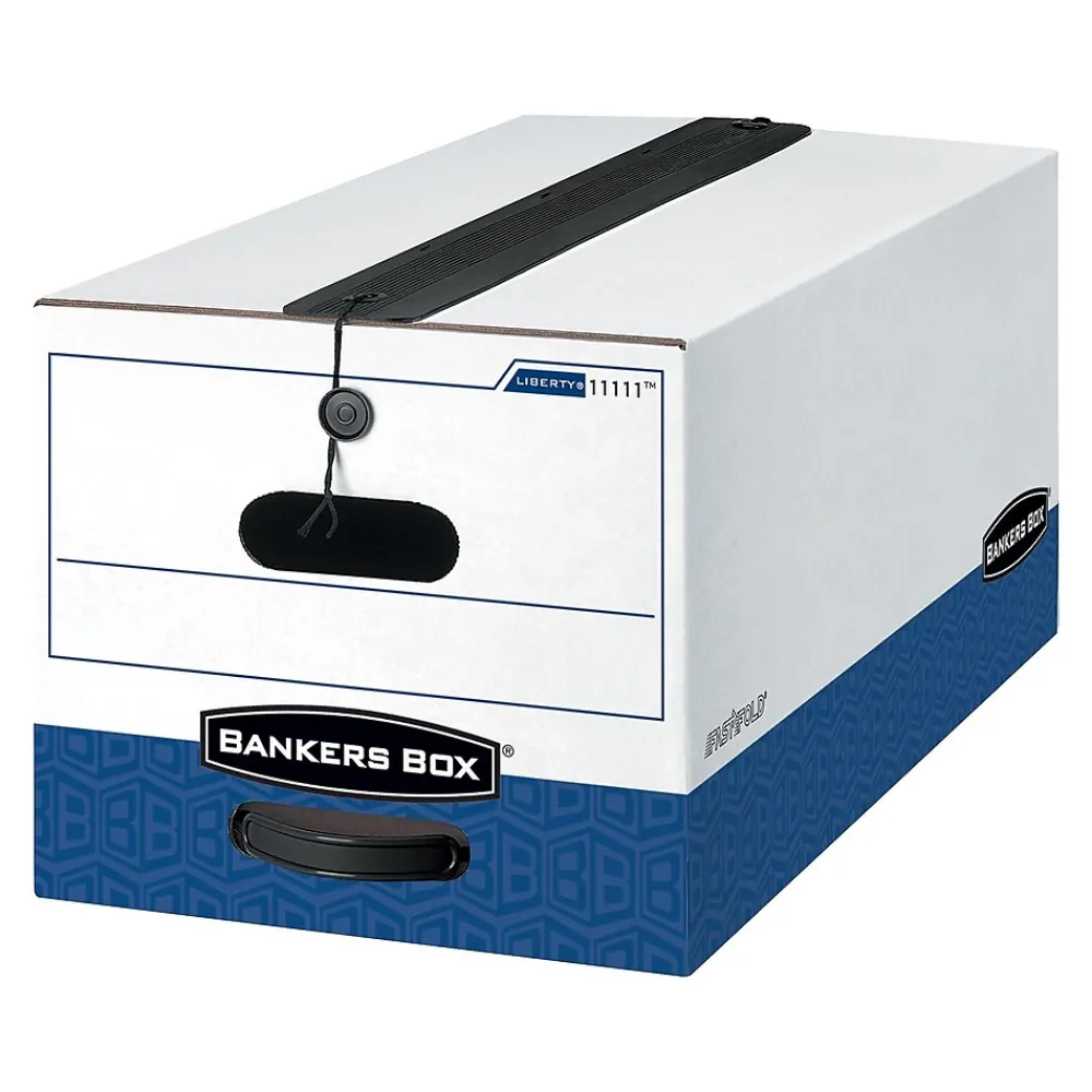 File Storage|Bankers Box® Bankers Box Liberty Plus Heavy-Duty FastFold File Storage Boxes, String & Button, Letter Size, White/Blue, 12/Carton (11111)