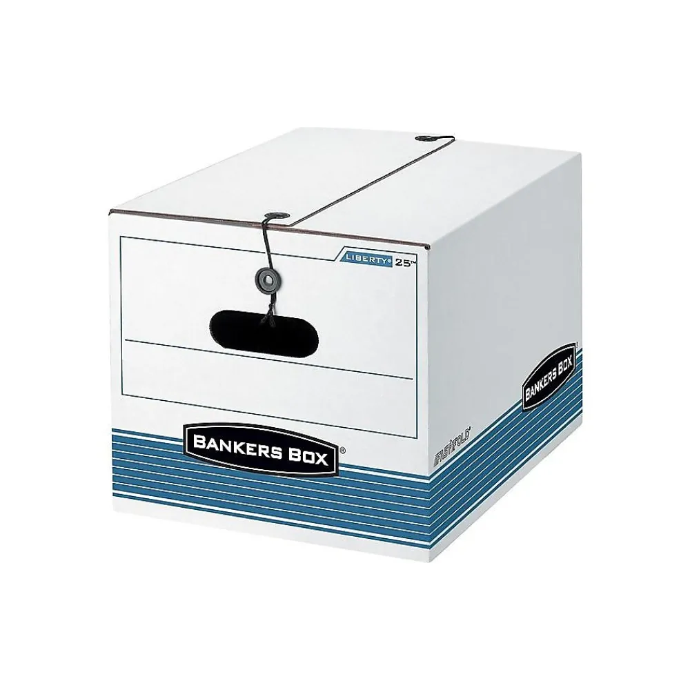 File Storage|Bankers Box® Bankers Box Medium-Duty FastFold File Storage Boxes, String & Button, Letter/Legal Size, White/Blue, 4/Carton (0002501)