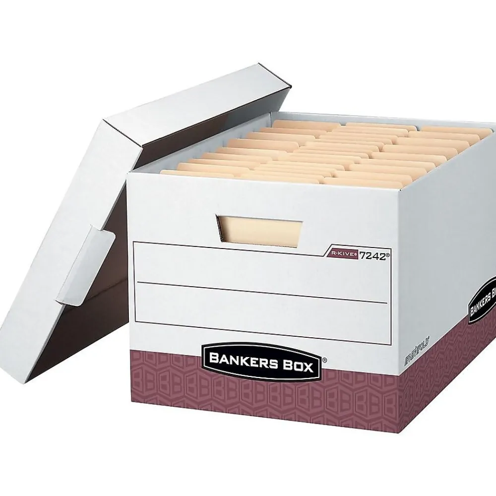 File Storage|Bankers Box® Bankers Box R-Kive® Heavy-Duty FastFold File Storage Boxes, Lift-Off Lid, Letter/Legal Size, White/Red, 12/Carton (07242)