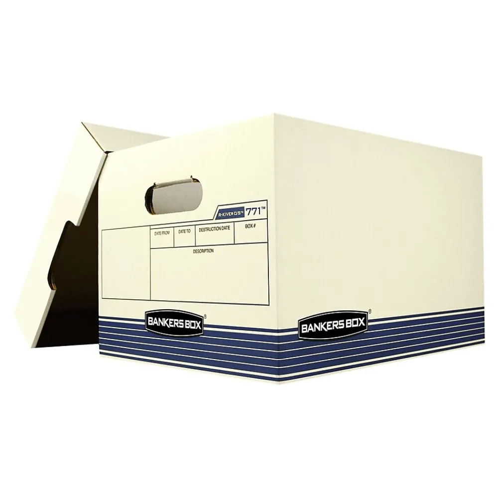 File Storage|Bankers Box® Bankers Box R-Kive O/S Heavy-Duty FastFold, File Storage Boxes, Lift-Off Lid, Letter/Legal Size, White/Blue, 20/BL (0077103)