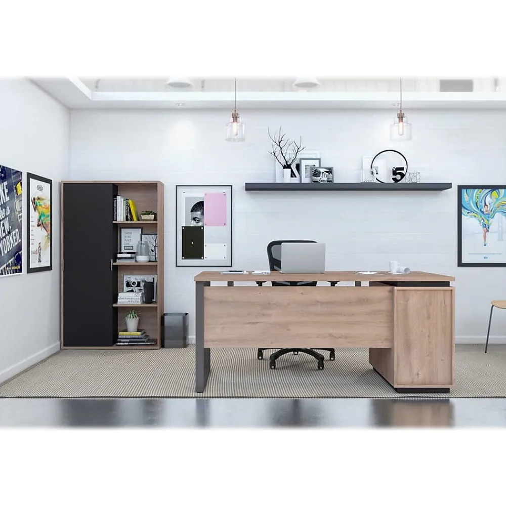 Computer Desks*bestar Aquarius 66" Computer Desk with Single Pedestal and Storage Cabinet, Rustic Brown/Graphite (114850-000009)