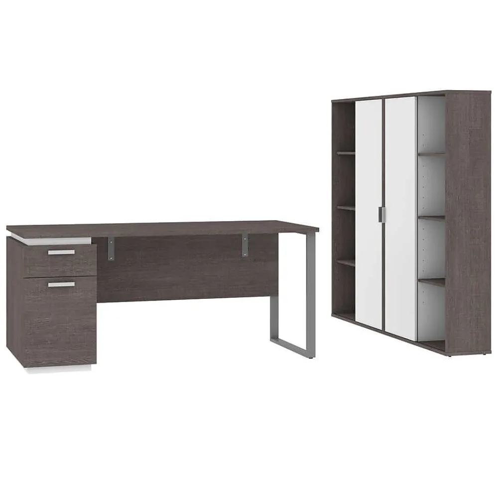 Computer Desks*bestar Aquarius 66" Computer Desk with Single Pedestal and 2 Storage Cabinets, Bark Grey/White (114851-000047)