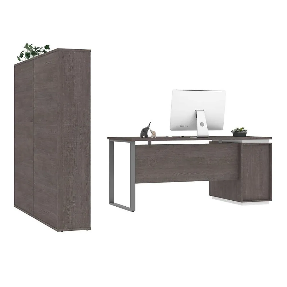 Computer Desks*bestar Aquarius 66" Computer Desk with Single Pedestal and 2 Storage Cabinets, Bark Grey/White (114851-000047)