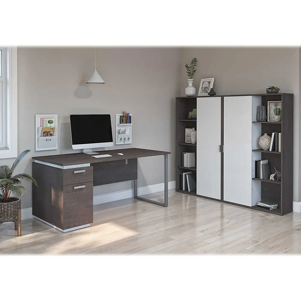 Computer Desks*bestar Aquarius 66" Computer Desk with Single Pedestal and 2 Storage Cabinets, Bark Grey/White (114851-000047)