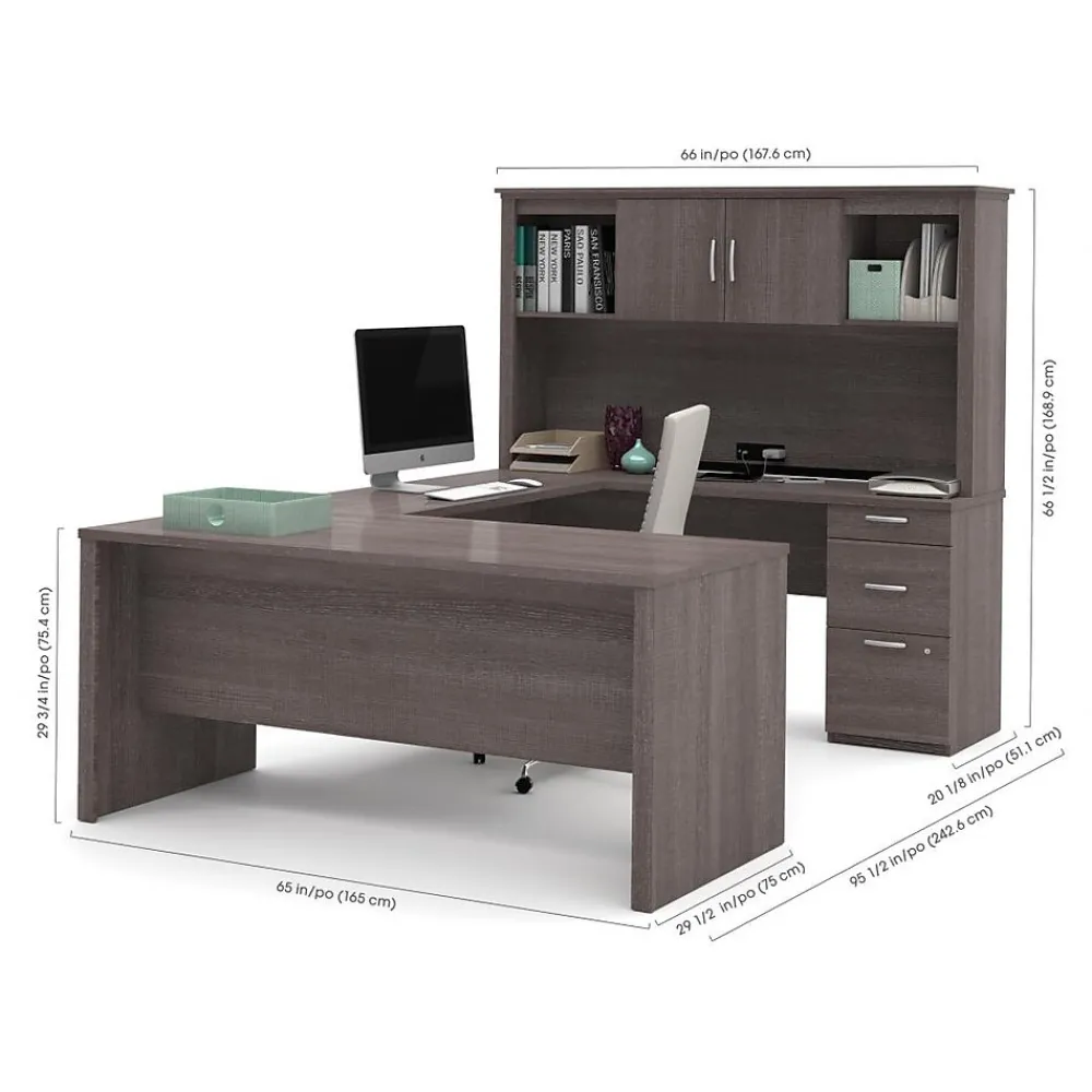 Corner Desks*bestar Logan 66" U-Shaped Executive Desk with Hutch, Lateral File Cabinet, and Bookcase, Bark Grey (46851-47)