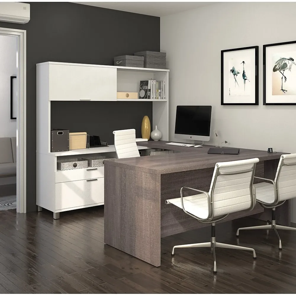 Computer Desks*bestar Pro-Linea 71" U-Desk with Hutch, White/Bark Grey (120880-47)