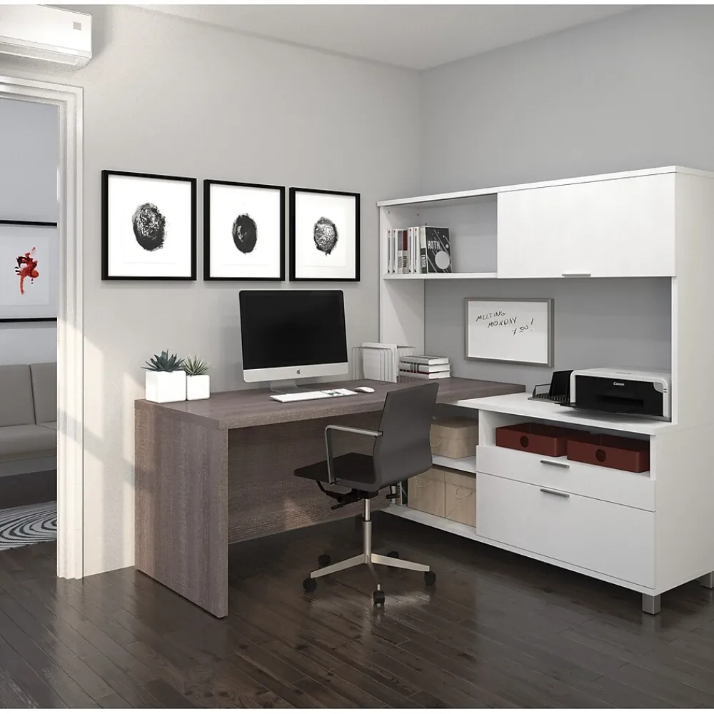 L-Desks*bestar Pro-Linea 71"W L-Desk with Hutch, White & Bark Grey (120882-47)