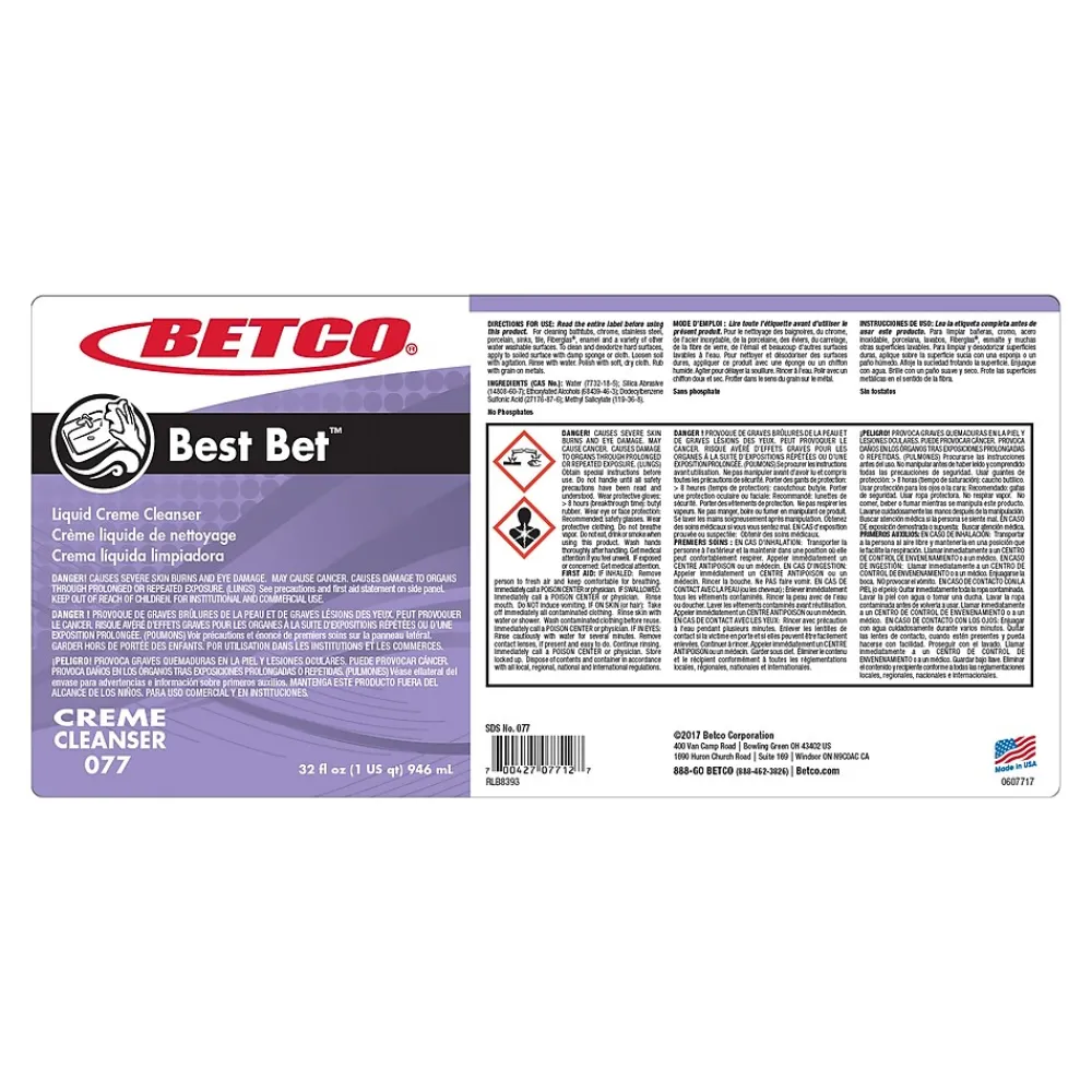 Best Bet Abrasive Creme Cleanser, 32 oz., 12 Bottles/Carton (771200X)<Betco Discount