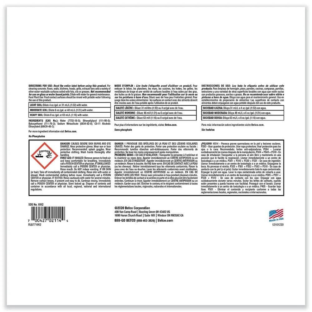 Kitchen Degreaser, Characteristic Scent, 1 Gal. Bottle, 4/Carton (BET10120400)<Betco Hot