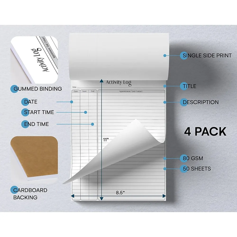 Notepads|Better Office Activity Log Notepad, 8.5" x 11", Ruled, White, 50 Sheets/Pad, 4 Pads/Pack (25837-4PK)