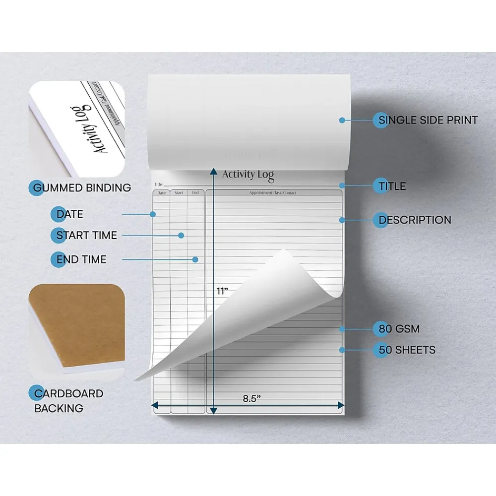 Notepads|Better Office Activity Log Notepad, 8.5" x 11", Project-Ruled, White/Black, 50 Sheets/Pad (25836)