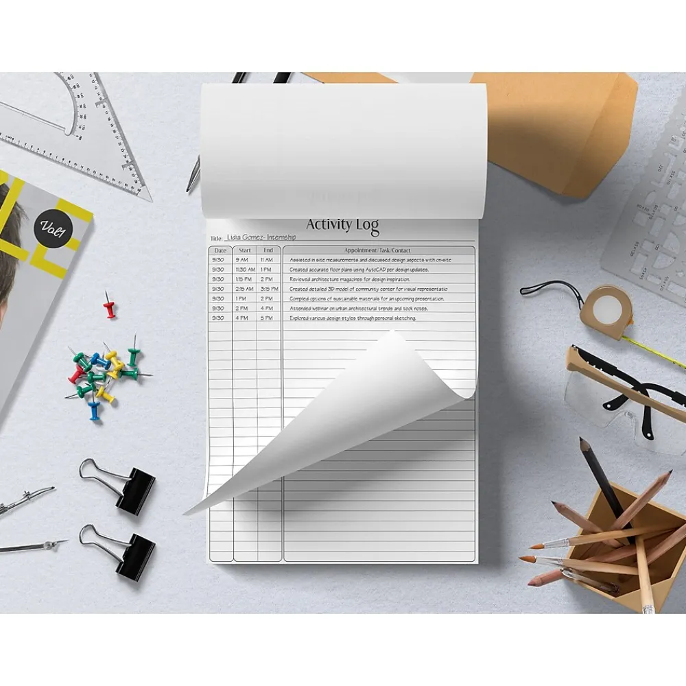Notepads|Better Office Activity Log Notepad, 8.5" x 11", Project-Ruled, White/Black, 50 Sheets/Pad (25836)