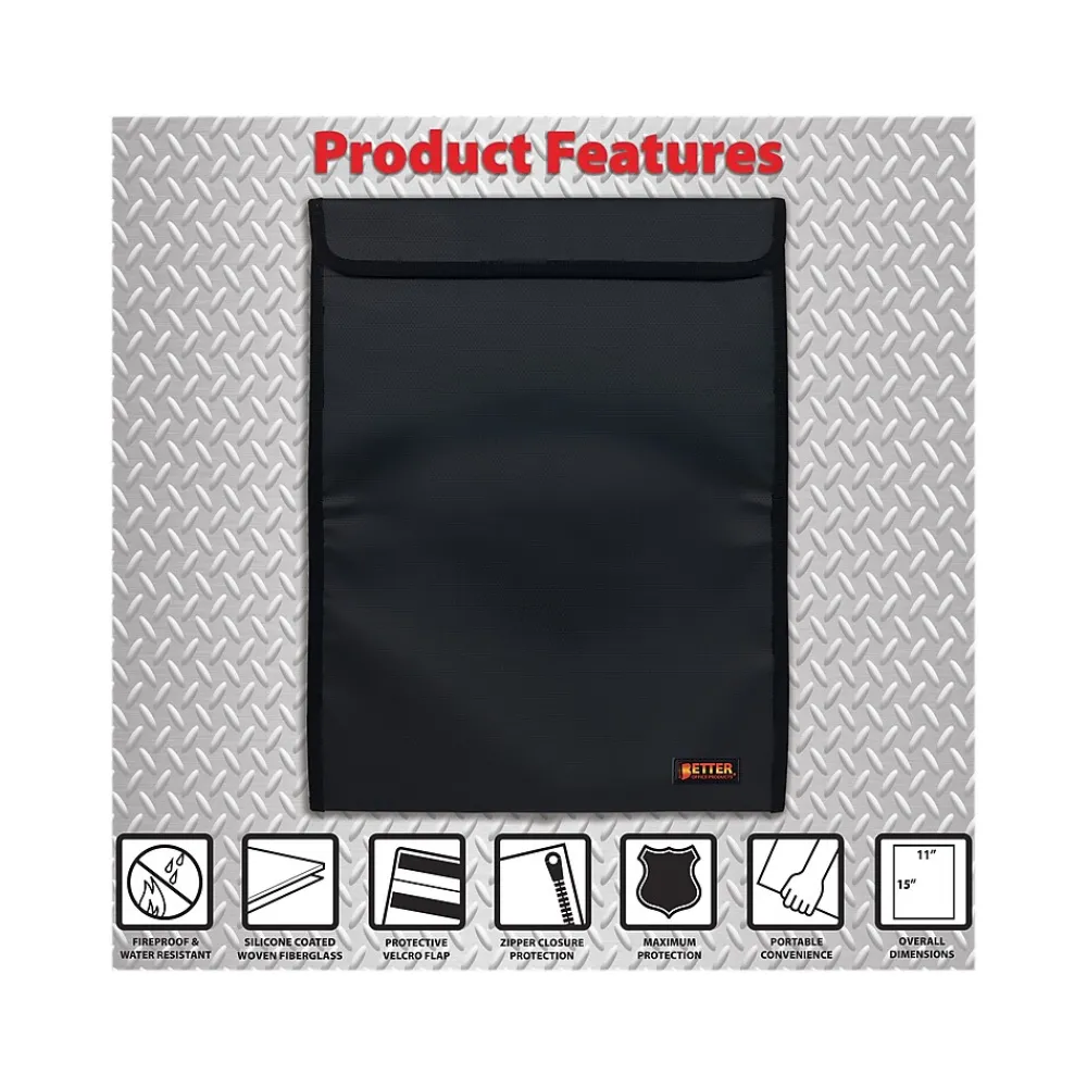 Fabric Fireproof Document Bag with Protective Flap, Black, 15" (24511)<Better Office Outlet