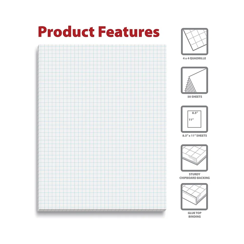 Notepads|Better Office Graph Pad, 8.5" x 11", Quad-Ruled, White, 50 Sheets/Pad (25602)