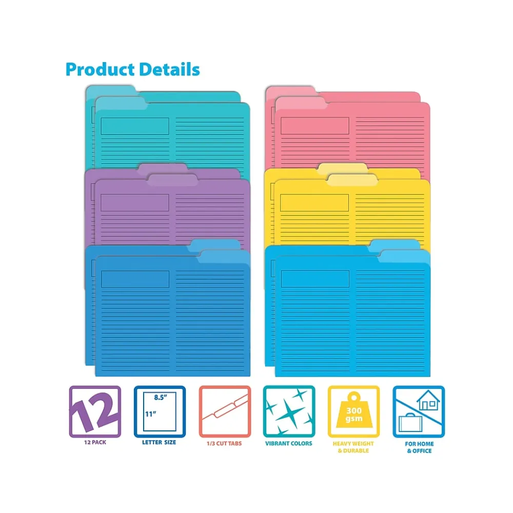 File Folders|Better Office Heavyweight File Folders, 1/3-Cut Tab, Letter Size, Assorted Colors, 12/Pack (89112-12PK)