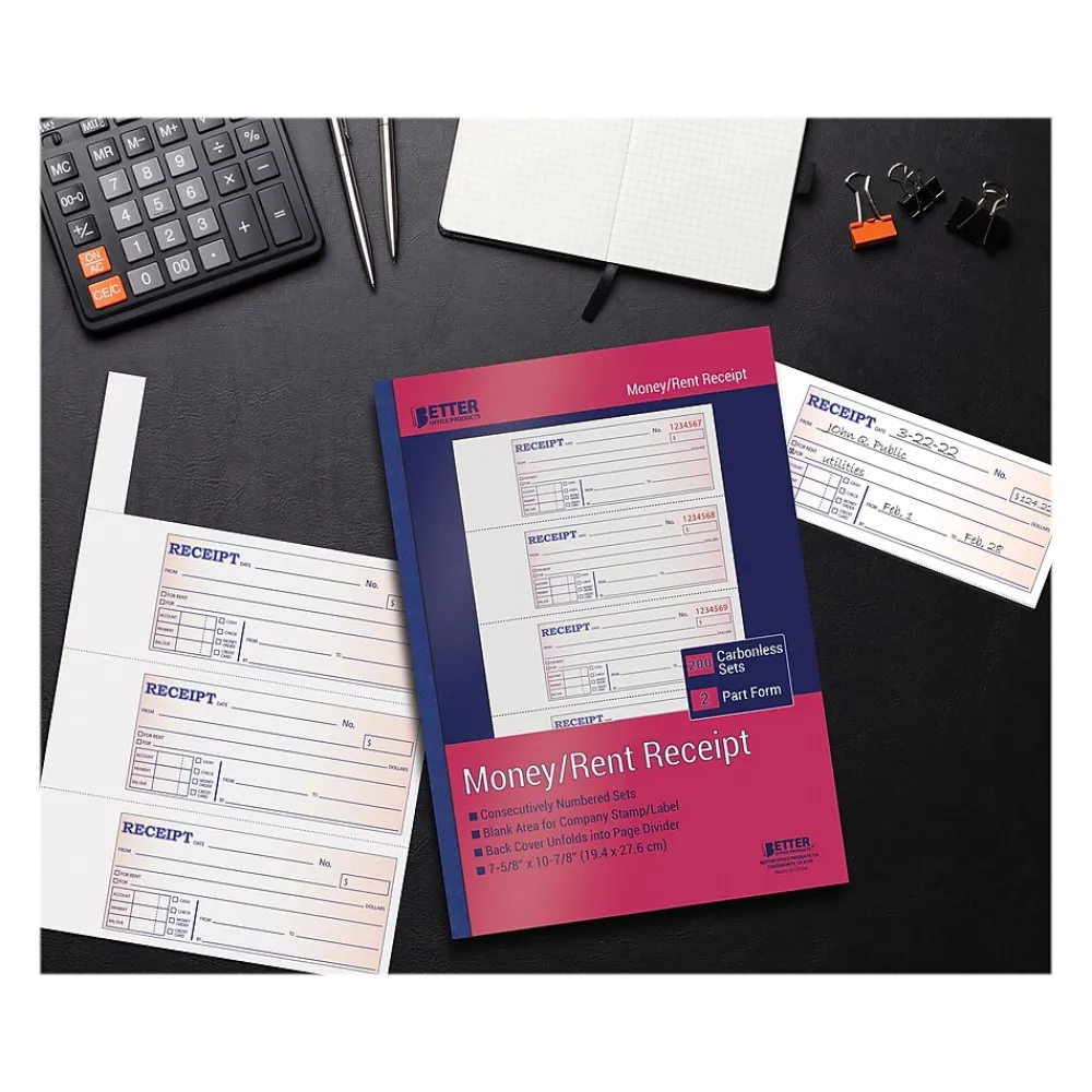Business Forms*Better Office 2-Part Carbonless Money/Rent Receipt Book, 7.63" x 10.88", 200 Sets/Book, 4 Books/Pack (66204-4PK)