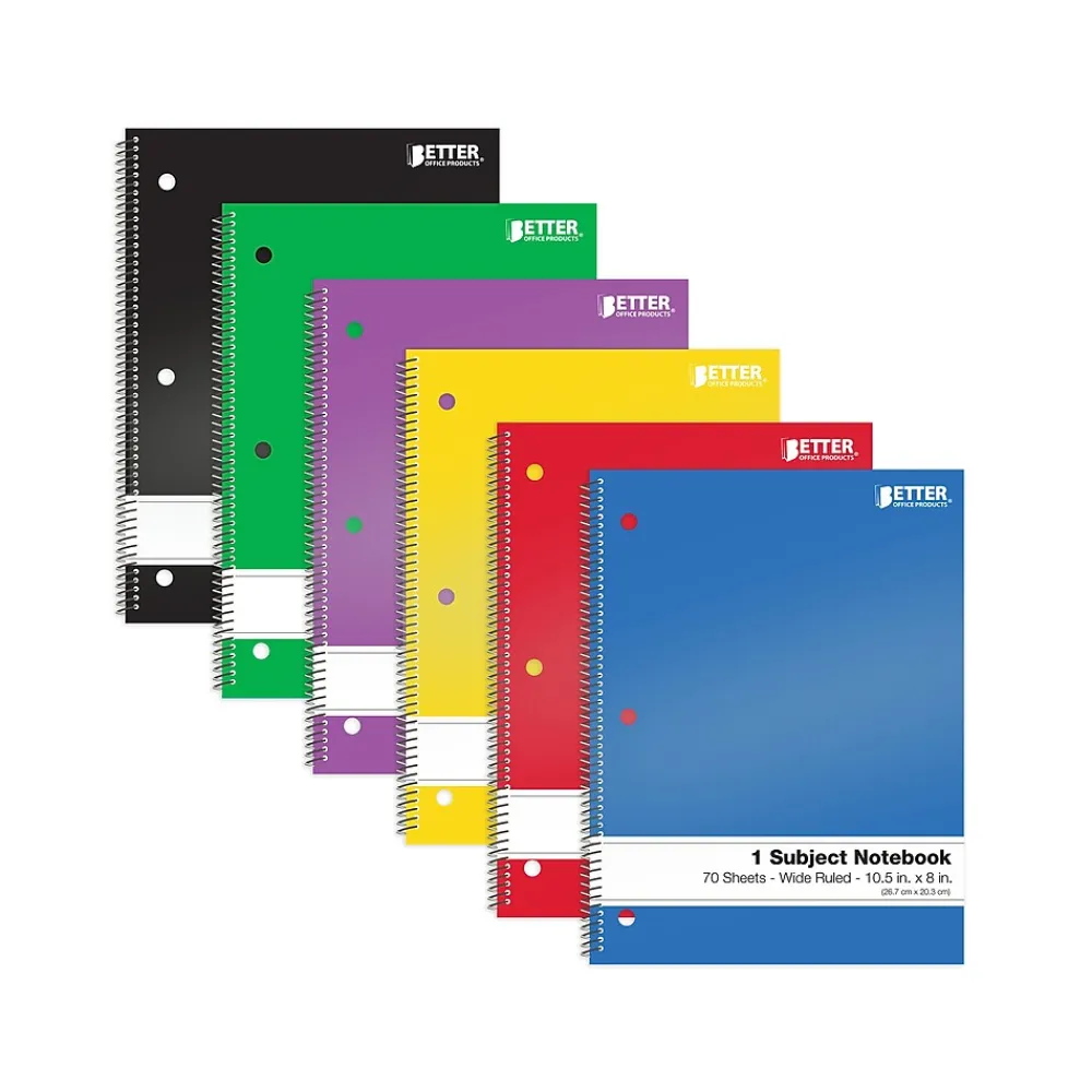 Subject Notebooks|Better Office 1-Subject Notebooks, 8" x 10.5", Wide Ruled, 70 Sheets, 24/Pack (25624-24PK)